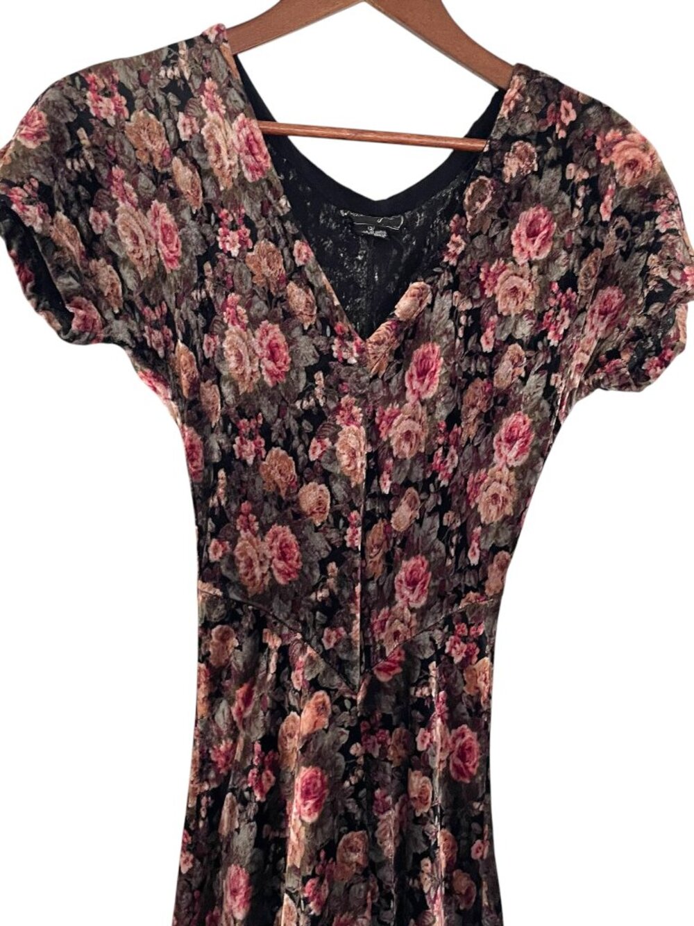 Vtg 90s Nostalgia Crushed Velvet Maxi Dress S Black Pink Rose Floral Cottagecore